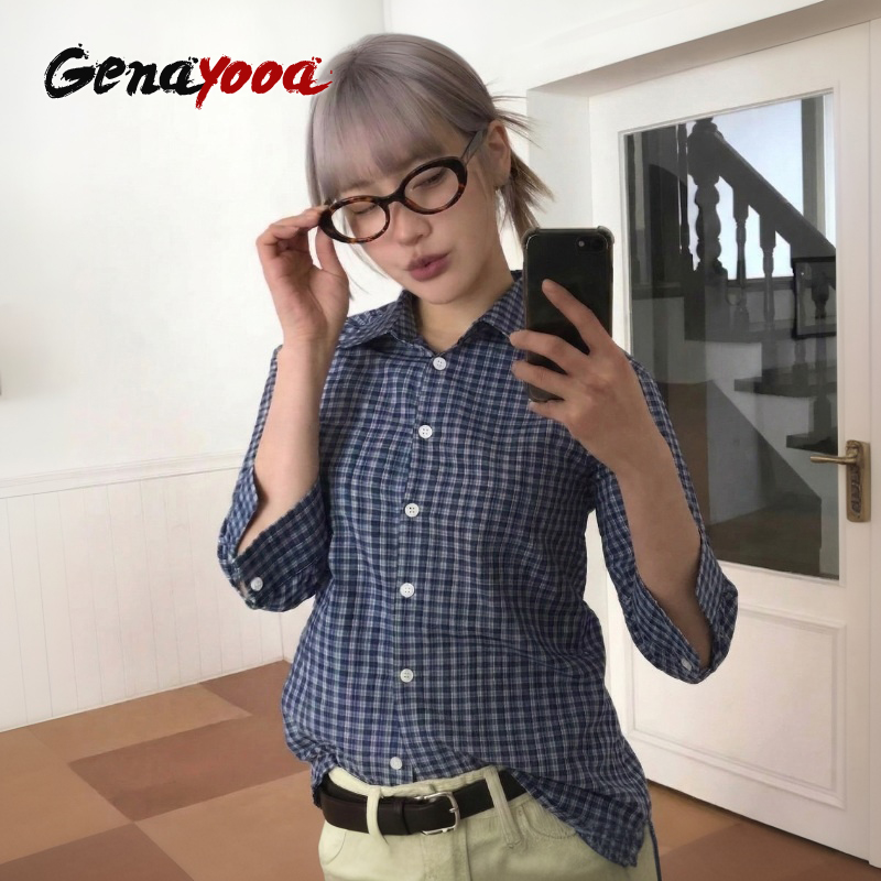 Street Fashion In Korea - Genayooa Y2k camisa a cuadros para