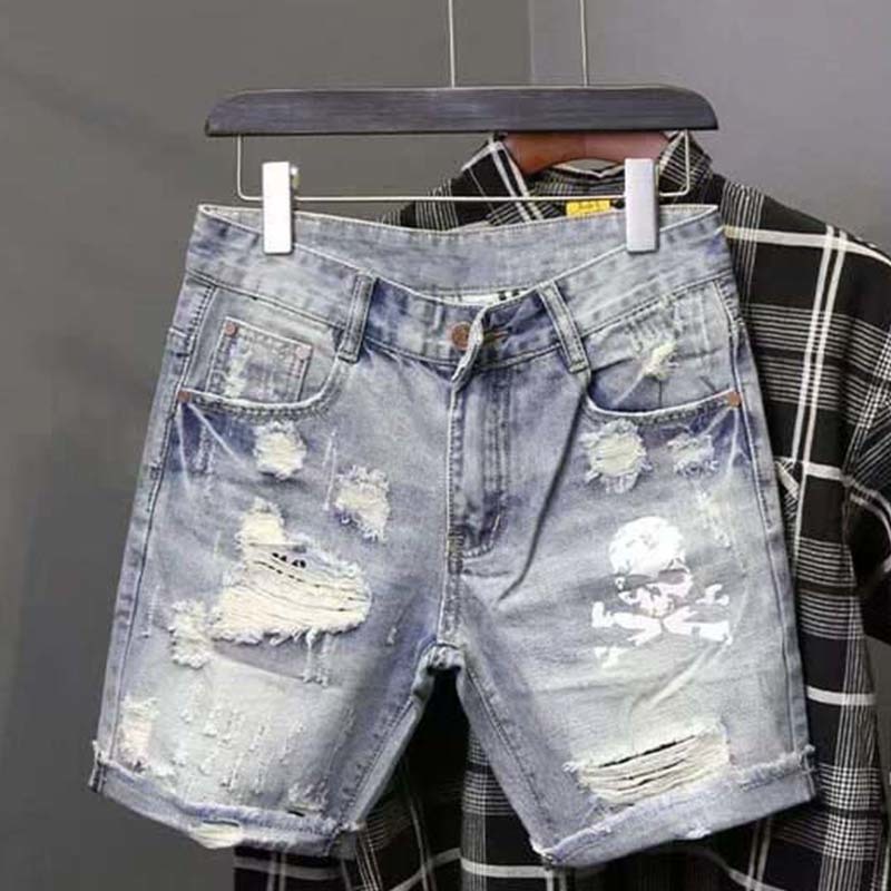 Street Fashion In Korea - Pantalones vaqueros cortos rasgados elásticos con